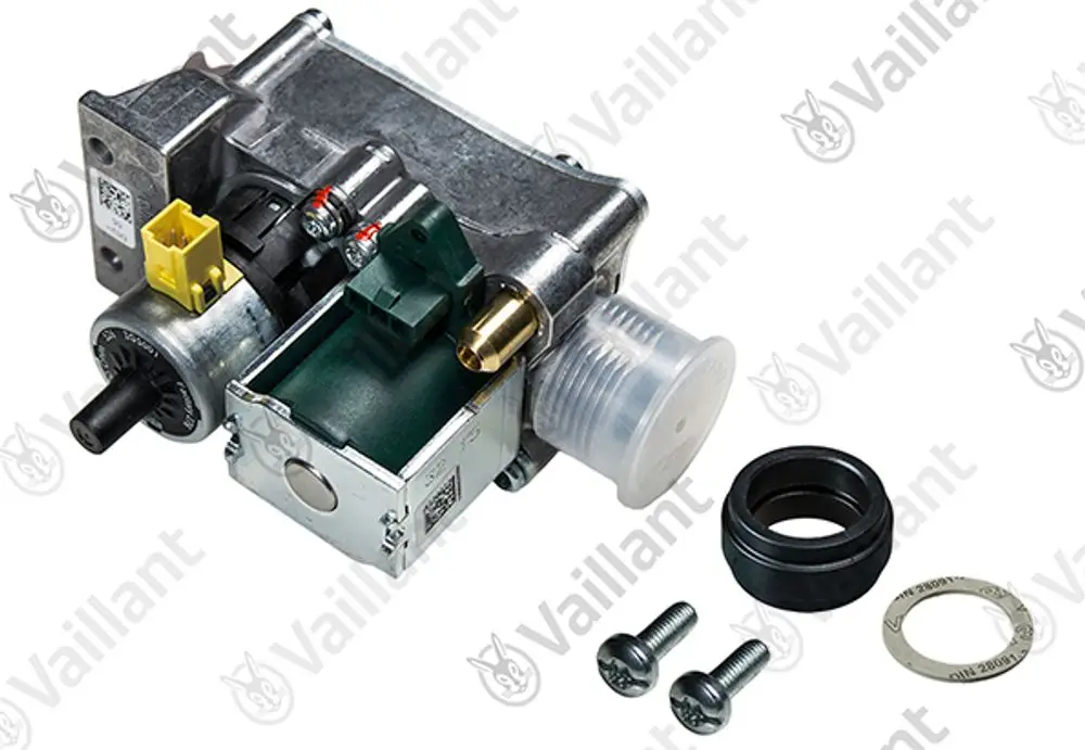Vaillant Gasarmatur mit mehreren Komponenten, darunter Motor, Anschlussstecker und Befestigungselemente, auf hellem Hintergrund.